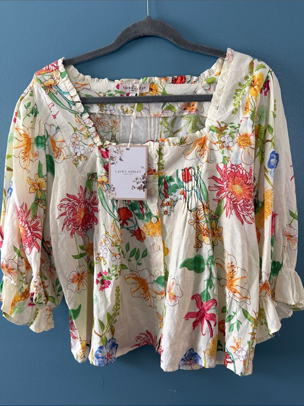 Laura Ashley Cream Floral Button-Front Peasant Blouse